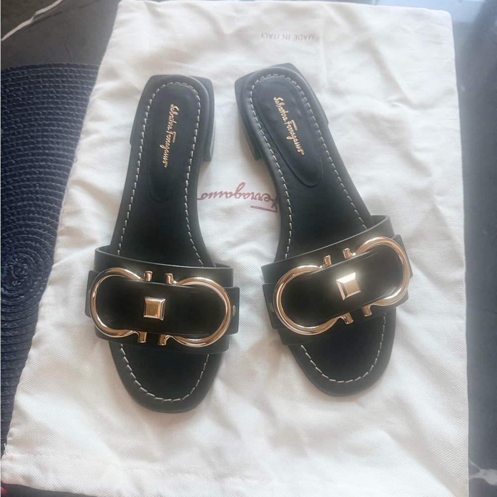 Salvatore Ferragamo Black Sandals with Gold Buckle